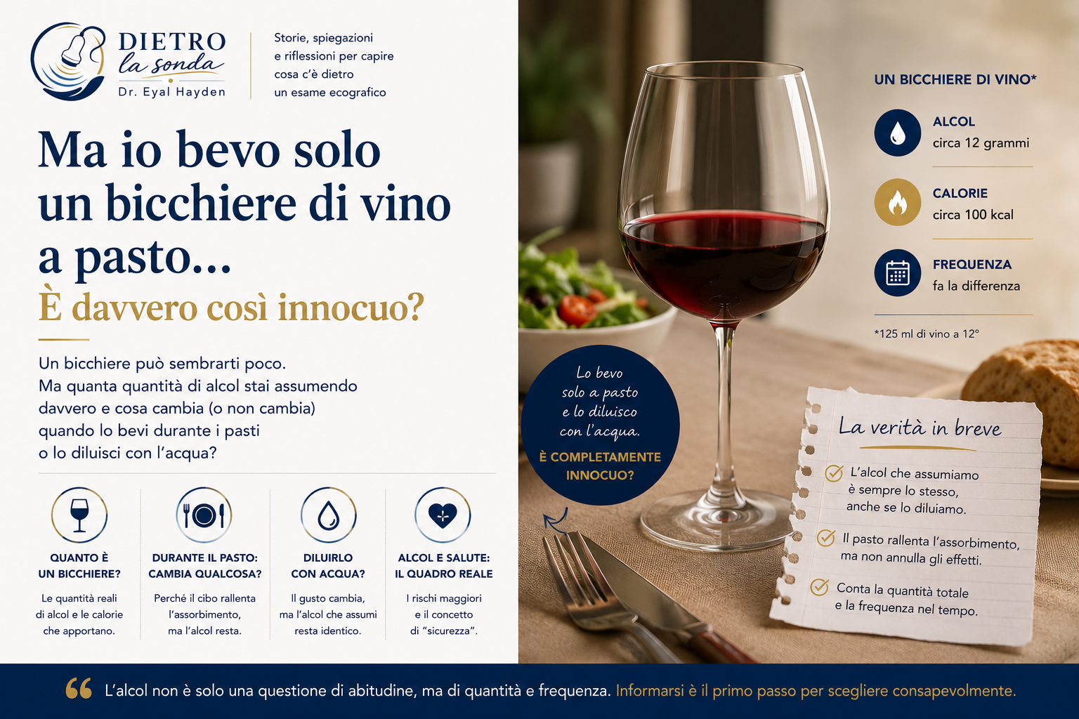 Un bicchiere di vino a pasto con informazioni su alcol, calorie e frequenza